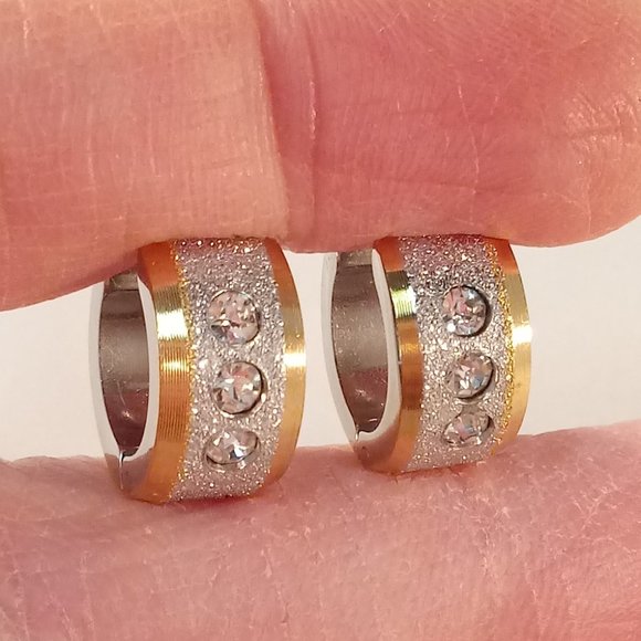 Mens Silver Gold Stainless Steel Diamond Zircon Sandblast Hoop Earrings 14mm - Picture 2 of 5